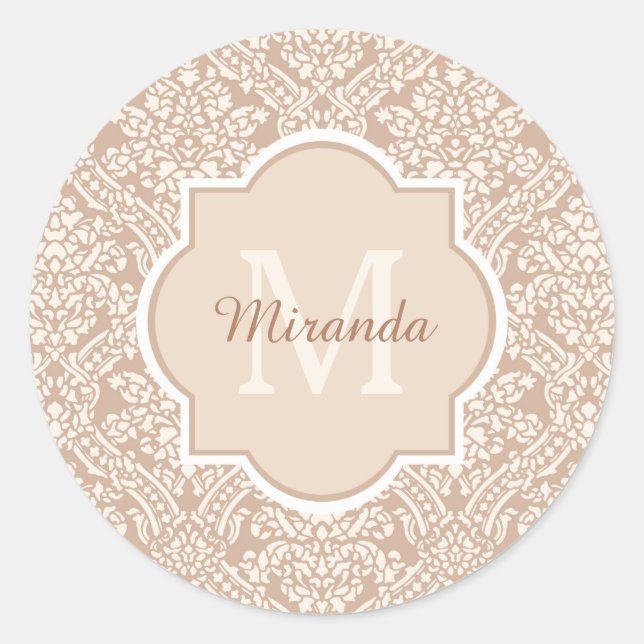 Posh Tan Damask Pattern Monogram With Name Classic Round Sticker (Front)