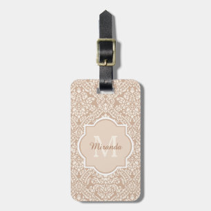 Posh Tan Damask Pattern Monogram With Name Luggage Tag