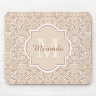 Posh Tan Damask Pattern Monogram With Name Mouse Pad