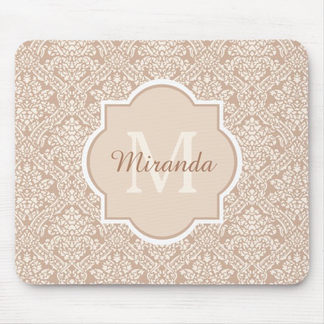 Posh Tan Damask Pattern Monogram With Name Mouse Pad (Front)