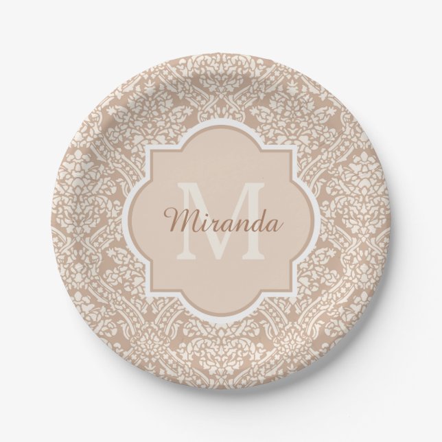 Posh Tan Damask Pattern Monogram With Name Paper Plate (Front)