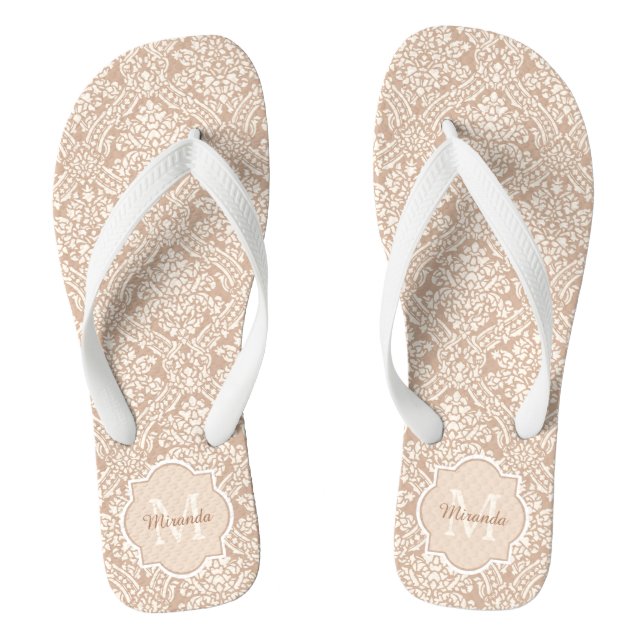 Posh Tan Damask Pattern Monogram With Name Thongs (Footbed)