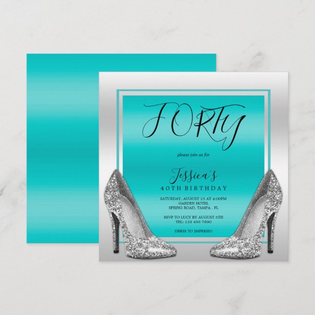 Posh Teal & Silver Stilettos 40th Birthday Invitation (Front/Back)