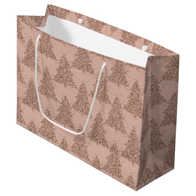 Posh Tree Pattern | Glam Rose Gold Blush Christmas Large Gift Bag (Front Angled)