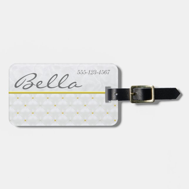 Posh White Satin & Gold Luggage Tag (Front Horizontal)