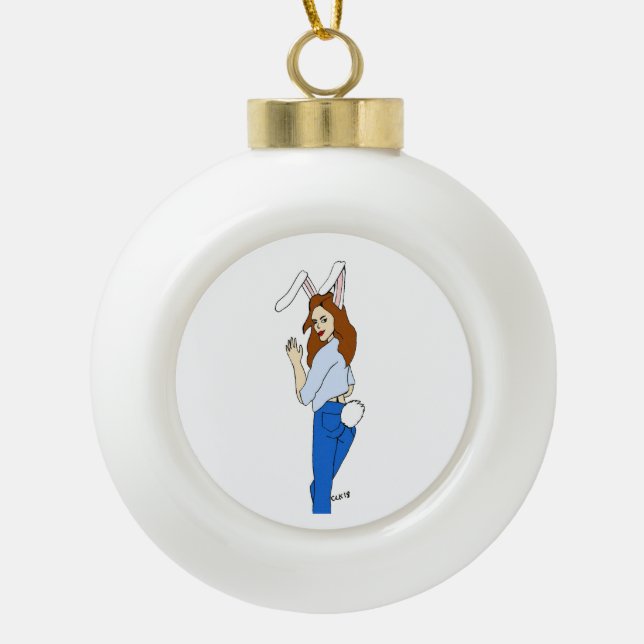 posing bunnygirl ceramic ball christmas ornament (Front)