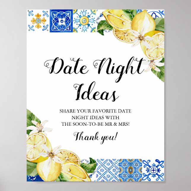 Positano Blue Tile Lemon Date Night Ideas Sign (Front)