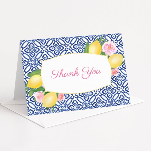 Positano Blue Tile Lemon Pink Floral Bridal Shower Thank You Card (Positano lemons and pink flowers baby girl shower thank you card)