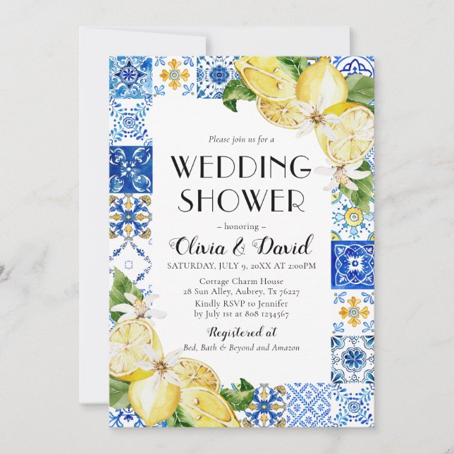 Positano Blue Tile Lemon Wedding Shower Invitation (Front)