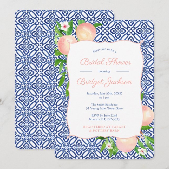 Positano Blue Tiles Garden Peaches Bridal Shower I Invitation (Front/Back)