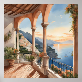 Positano Dream: Watercolor Sunset Vista Poster