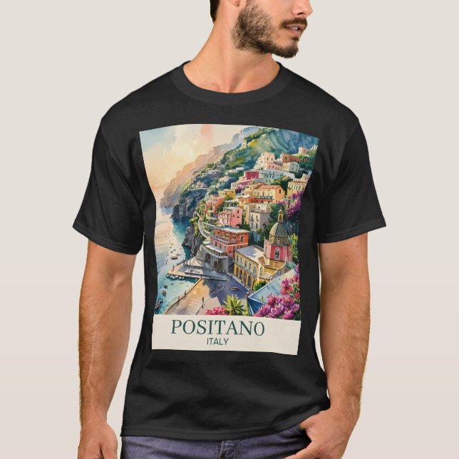 Positano Italy Amalfi Coast Watercolor Landscape T-Shirt (Front)