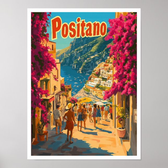 Positano Italy Art Vintage Travel Illustration Poster (Front)