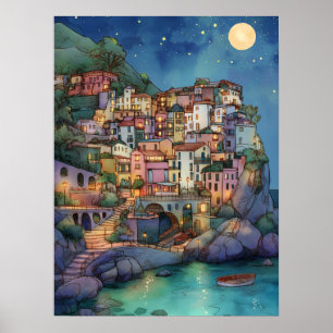 Positano, Italy – Coastal Village & Starry Sky Poster
