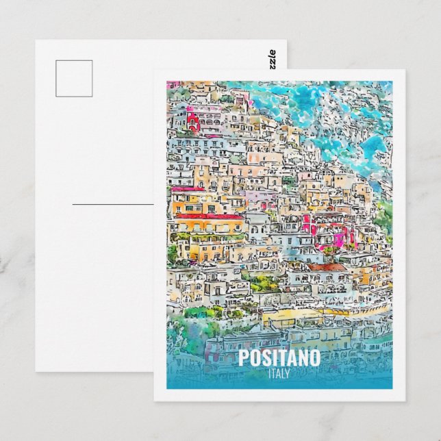 Positano Italy Famous Travel Watercolor Sketch Postcard (Front/Back)