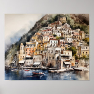 Positano Italy Watercolor Art Print Poster