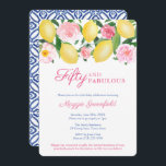 Positano Lemon 50 And Fabulous 50th Birthday Party Invitation<br><div class="desc">Celebrate this milestone birthday with this feminine and striking invitation design featuring vibrant watercolor lemons and glossy green leaves with pretty pink watercolor roses and peonies,  complemented by cobalt blue and white tile reverse.</div>