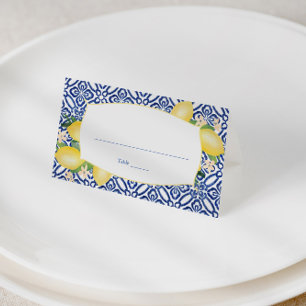 Positano Lemons Blue and White Pattern Wedding Place Card