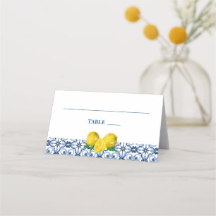 Positano Lemons Blue and White Pattern Wedding Place Card