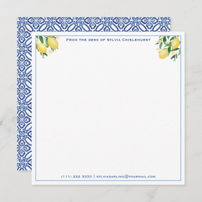Positano Lemons Blue Tiles Baby Shower Thank You Card (Front/Back)
