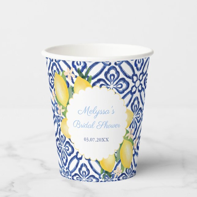 Positano Lemons Blue Tiles Bridal Shower Party Paper Cups (Front)