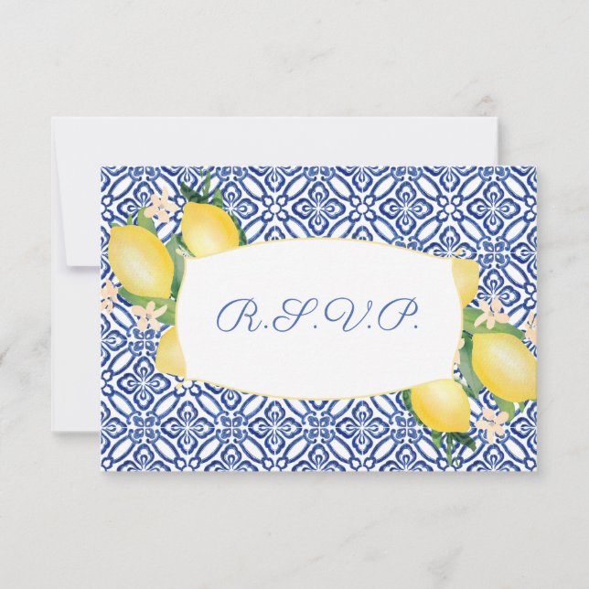 Positano Lemons Blue Tiles Wedding Meal Choice RSVP Card (Front)