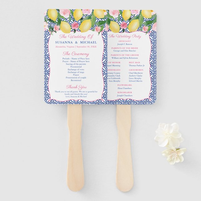Positano Lemons Blue Tiles Wedding Program Hand Fan (Front and Back)