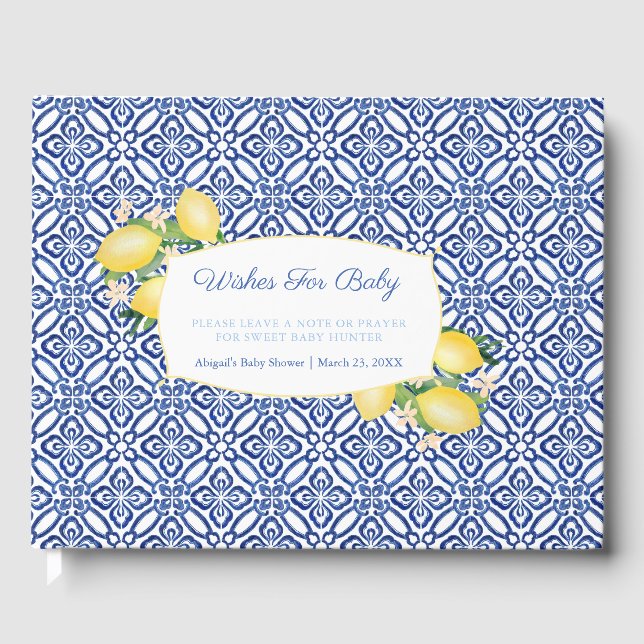 Positano Lemons Blue Tiles Wishes For Baby Boy Guest Book (Front)