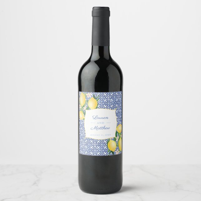 Positano Lemons Blue White Tiles Wedding Reception Wine Label (Front)
