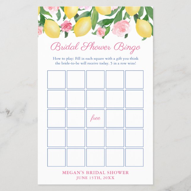 Positano Lemons Bridal Shower Bingo Game Card (Front)