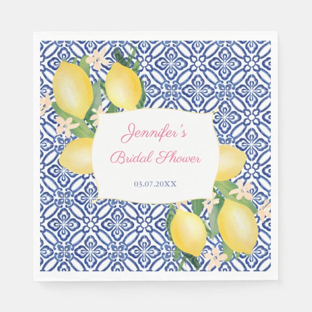 Positano Lemons Italian Blue Tiles Bridal Shower Napkin (Front)