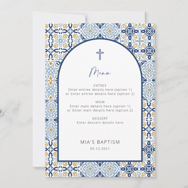 Positano Mediterranean Blue Tile Baptism Menu Card (Front)