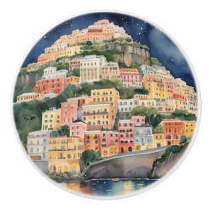 Positano Night, Italy, Italian Coast Watercolor Ceramic Knob