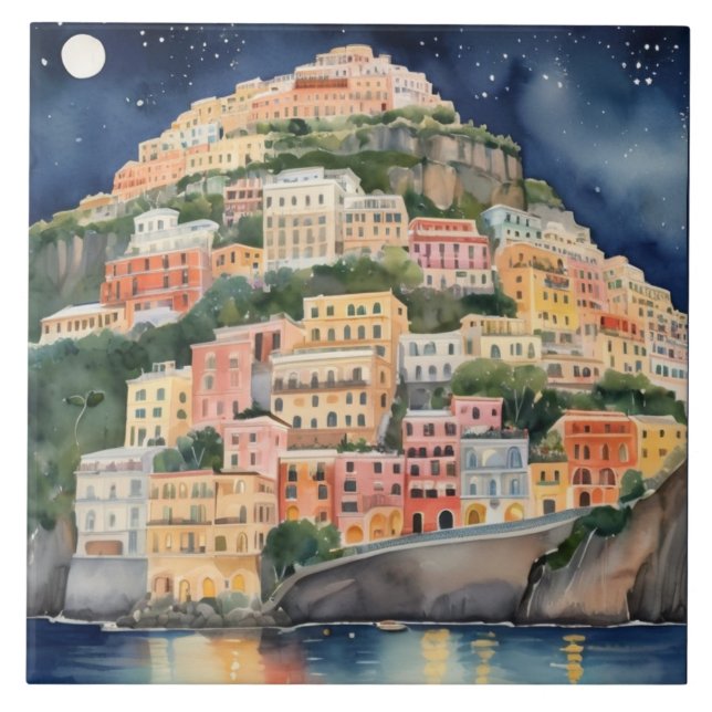 Positano Night, Italy, Italian Coast Watercolor Ceramic Tile (Front)