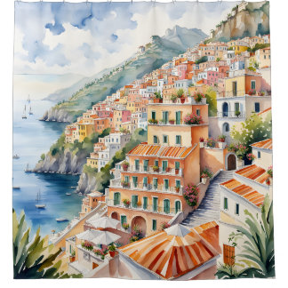Positano: Watercolor Charm Italy's Amalfi Coast Shower Curtain