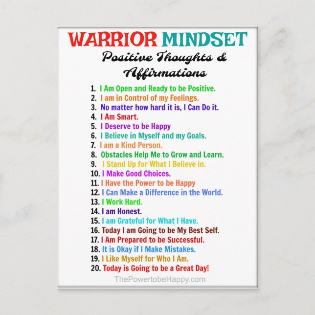 Positive Affirmations Poster - Warrior Mindset Postcard (Front)
