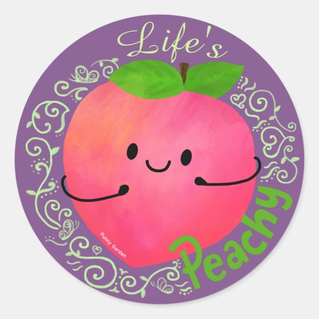 Positive Peach Pun - Peachy Classic Round Sticker (Front)