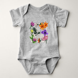 Positive quote Be Happy and garden flowers Baby Bodysuit