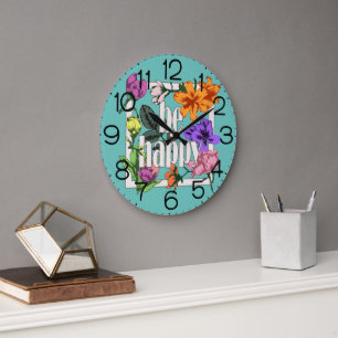 Positive quote Be Happy and garden flowers Large Clock