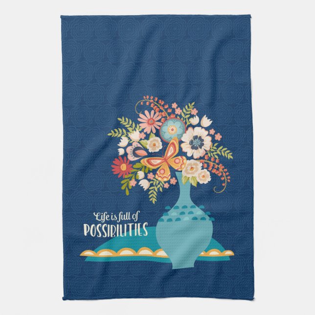 Positive Quote Pretty Blue Floral Vase Tea Towel (Vertical)