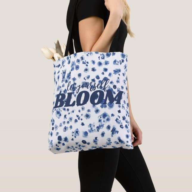 Positive Slogan Blue Floral Pattern Bloom Tote Bag (Close Up)
