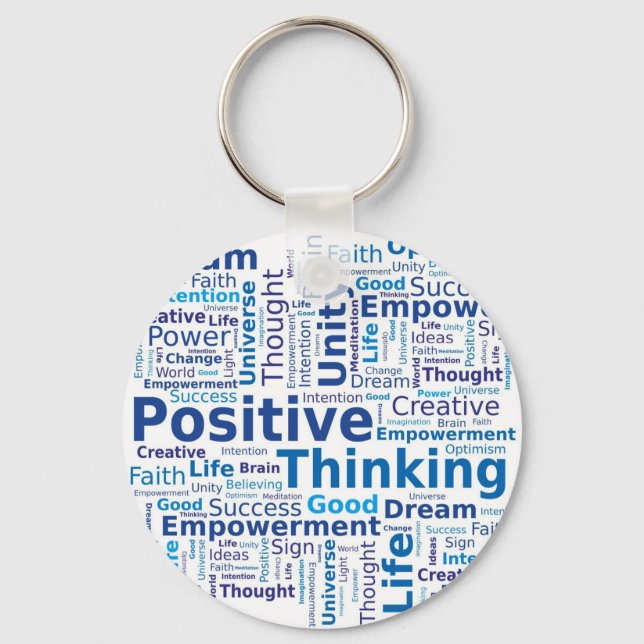 Positive Thinking Word Cloud - Blue Colours Key Ring (Front)