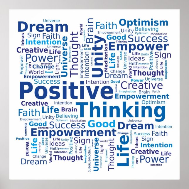 Positive Thinking Word Cloud - Blue Poster (Front)