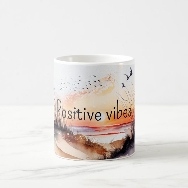 Positive Vibes Beach Sunset with Birds   Coffee Mug (Center)