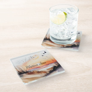 Positive Vibes Beach Sunset with Birds Glass Coaster