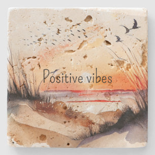 Positive Vibes Beach Sunset with Birds Stone Coaster