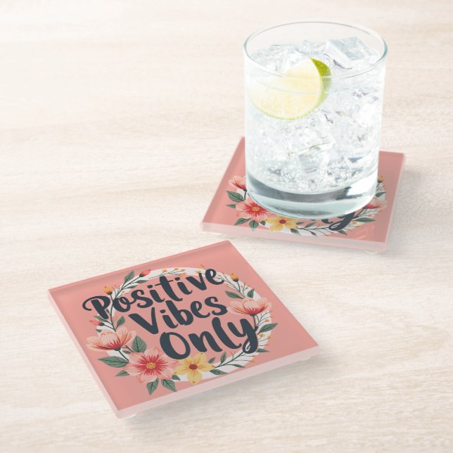 Positive Vibes Only Floral Wreath Design Glass Coaster (Angled)