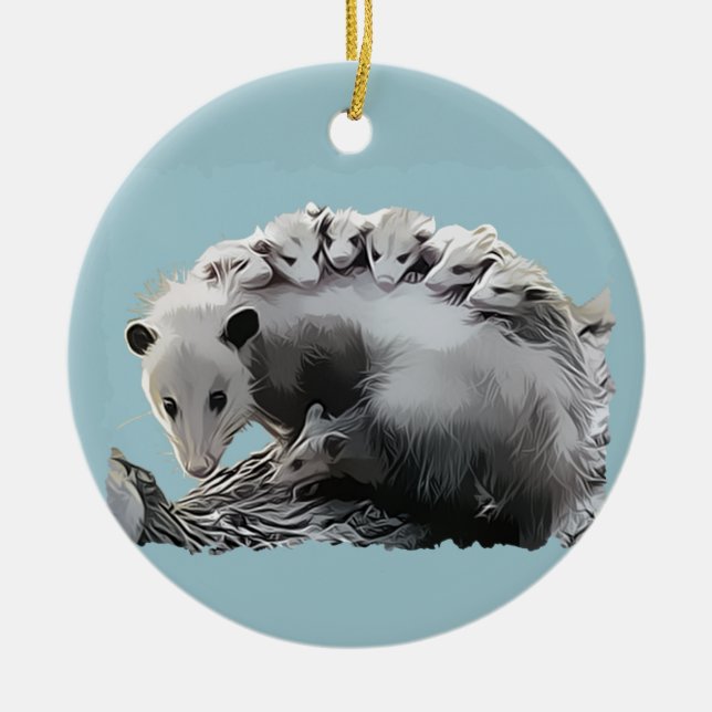 Possom Family on a Log Ceramic Ornament (Front)