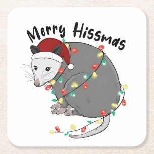 Possum Eat Trash Christmas Lights Merry Hissmass Square Paper Coaster