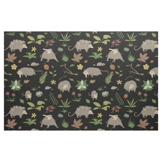 Possums in a Berry Field in Black Fabric (Fat Quarter)